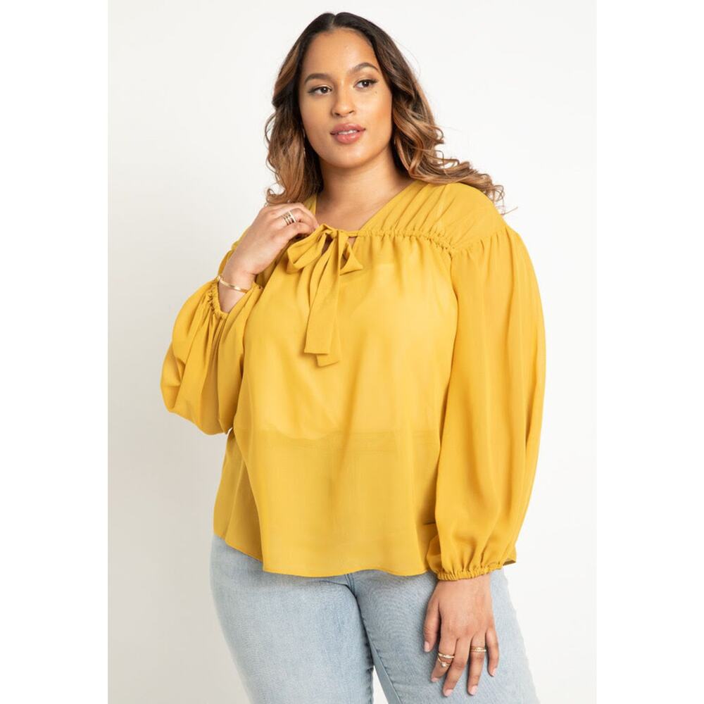 New Eloquii Womans Sz 16 Plus Blouse Tunnel Chiffon Sheer Tie Neck Ruched NWT